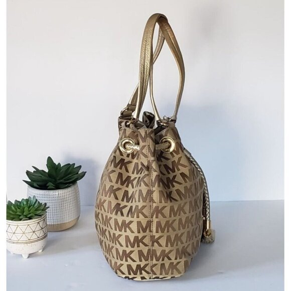 Michael Kors Jet Set Large Signature Gathered Hobo Satchel Tote Gold and Brown - Picture 5 of 16